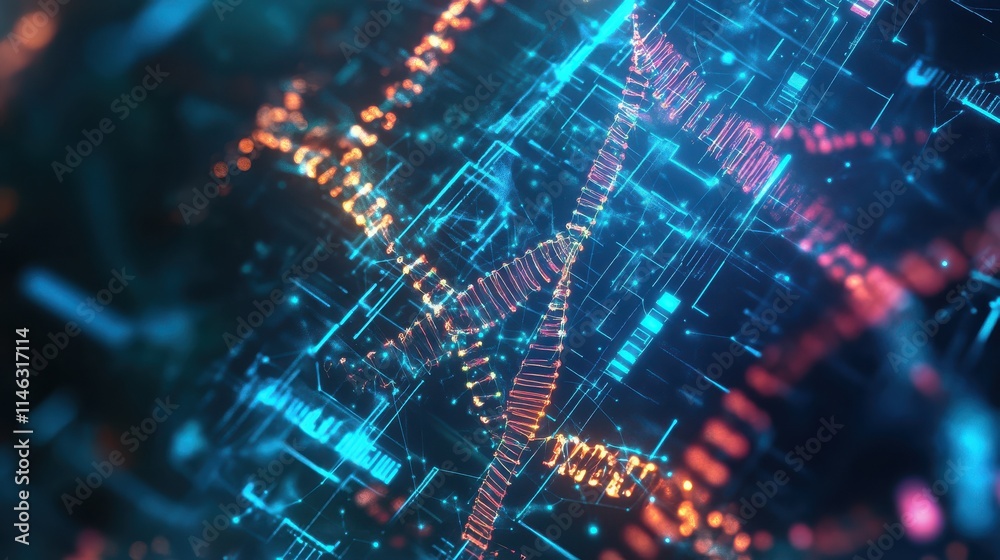 Fototapeta premium Abstract glowing circuit AI hologram with dna on blurry background. AI and science concept. Double exposure