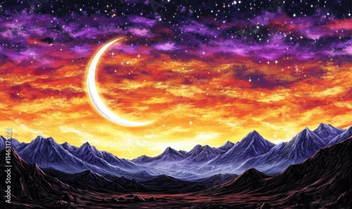 Enchanting crescent moon graces a vibrant sunset over a majestic mountain range, creating a breathtaking celestial landscape. photo