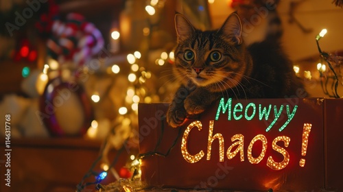 Tabby cat in a Christmas box with 