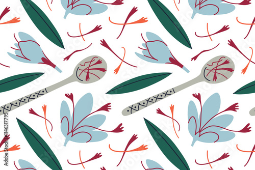 Seamless pattern with saffron spice, vibrant saffron flowers, green leaves, and elegant spoon with saffron strands. Flat, decorative style, perfect for culinary and botanical themes