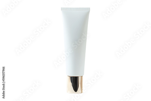 Cream tube plastic luxurious white portable isolated on cut out PNG or transparent background. Collapsible squeeze tube cosmetic containers with flip lid gold. Modern bottle packaging products. photo