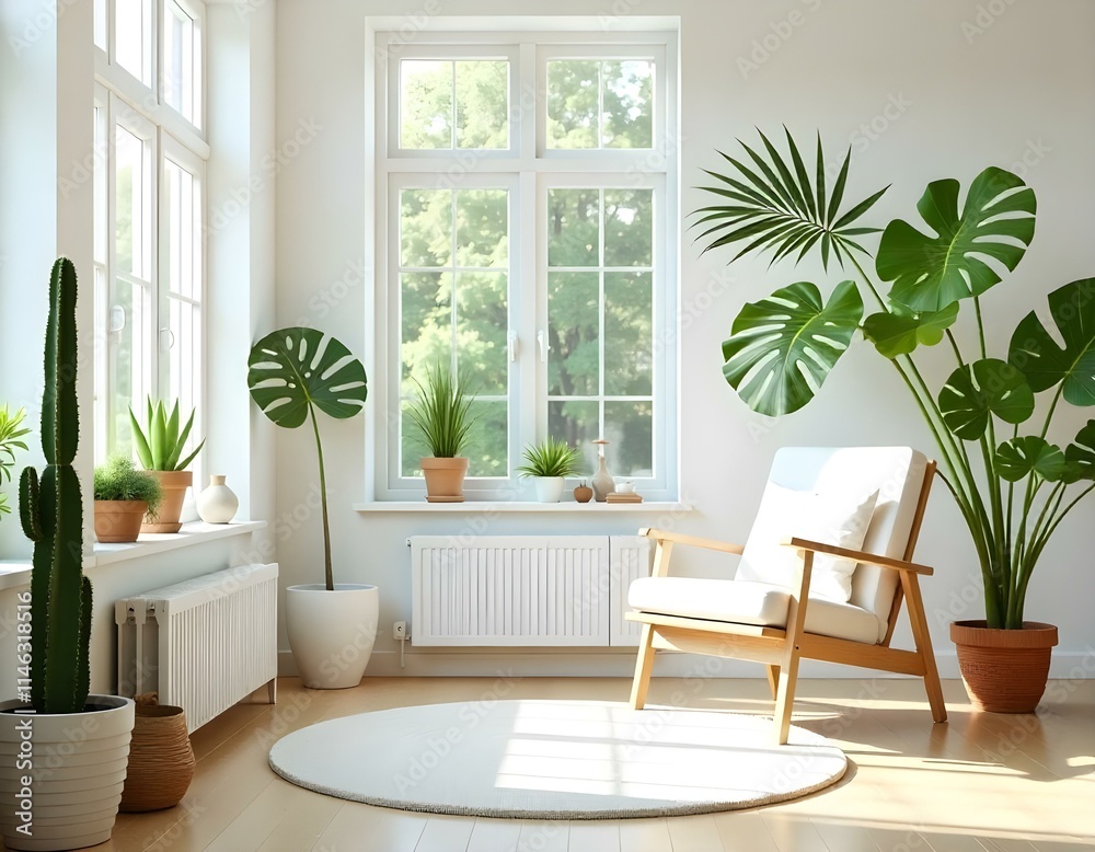 Naklejka premium A bright and airy living room with large windows, a white cushioned chair, and various potted plants including a cactus and palm leaves