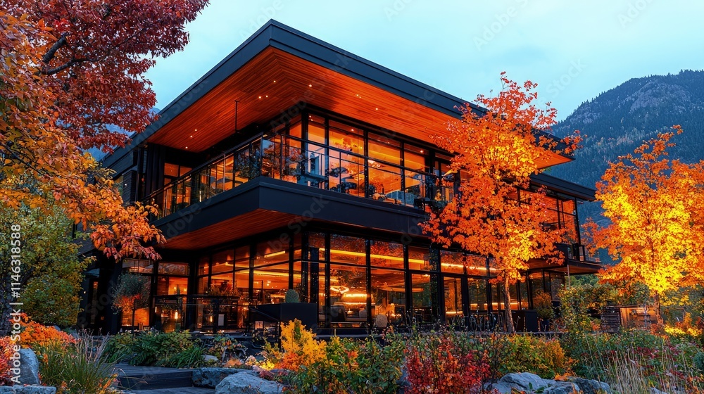 Modern restaurant with autumn foliage. Modern restaurant with autumn foliage.