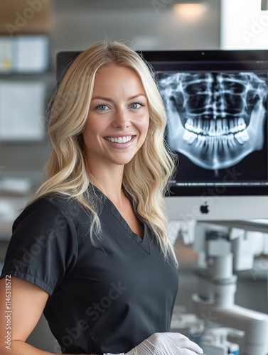 Smiling blonde woman in black scrubs stands by an iMac displaying a jaw X-ray, with medical equipment in background