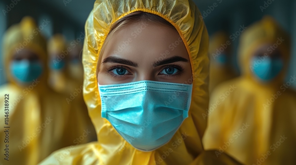 Healthcare worker in advanced protective gear stands determined in a hospital corridor, surrounded by colleagues in full isolation attire Healthcare worker in advanced protective gear stands determined in a hospital corridor, surrounded by colleagues in full isolation attire