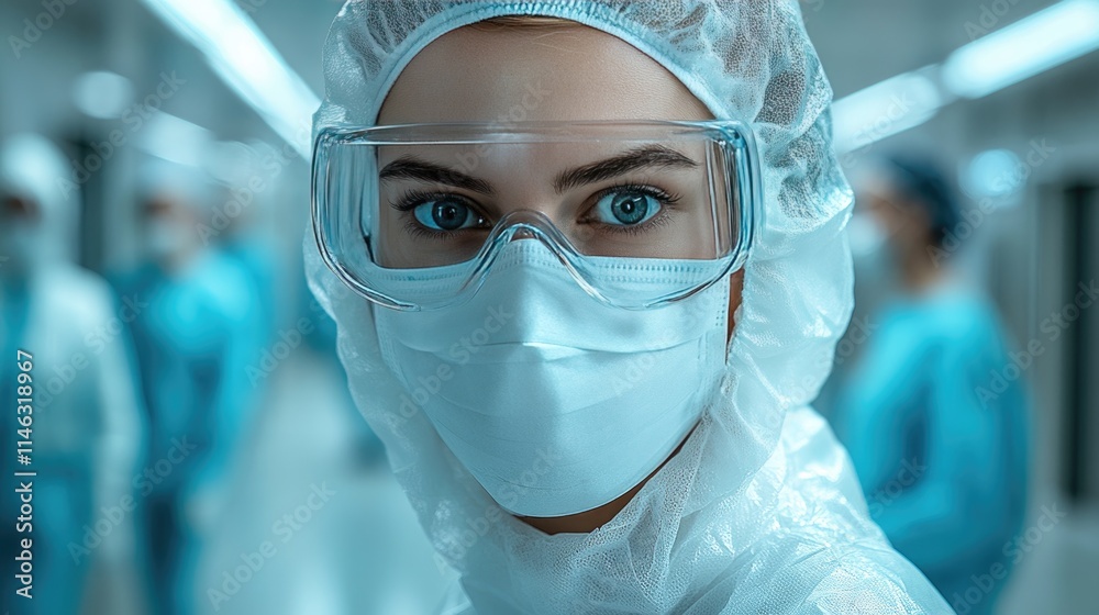 Healthcare workers in full protective gear demonstrate intensity and commitment in a sterile hospital environment Healthcare workers in full protective gear demonstrate intensity and commitment in a sterile hospital environment