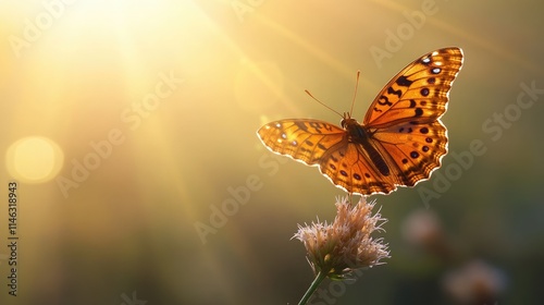 Stunning close-up of a vibrant orange butterfly resting on a delicate flower, illuminated by warm sunlight in a serene natural environment, showcasing beauty and tranquility.