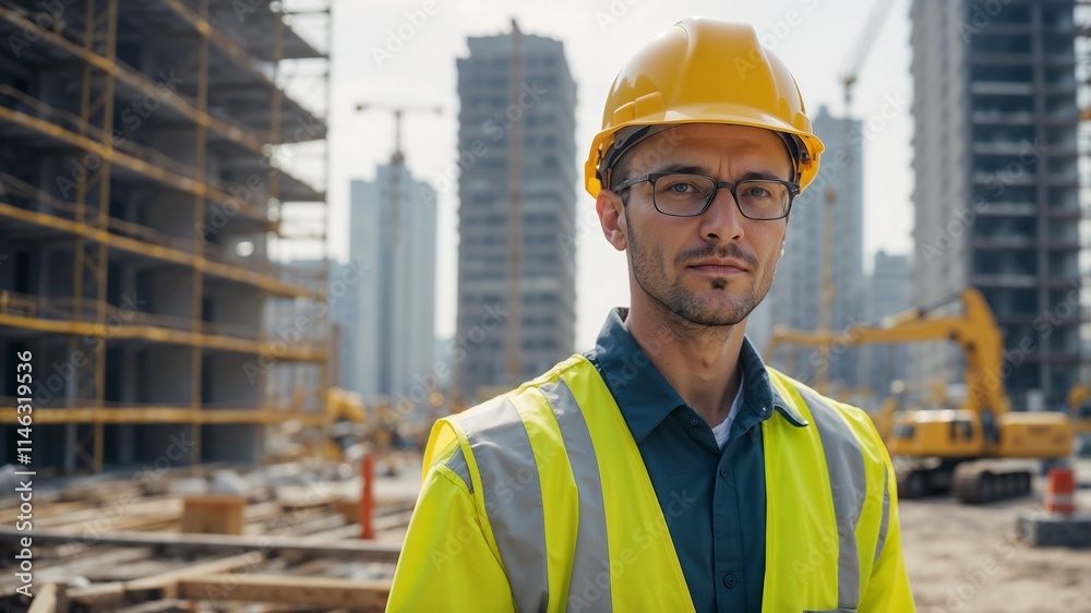 Professional Construction Supervisor Confidently Overseeing Urban Development Project Worker with hard hat Professional Construction Supervisor Confidently Overseeing Urban Development Project Worker with hard hat