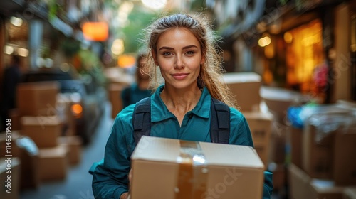 Professional woman from a moving company carries a box through a bustling urban street, surrounded by boxes and furniture
