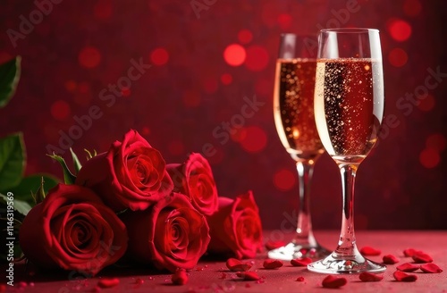 Champagne and red roses on the side for Valentine's Day