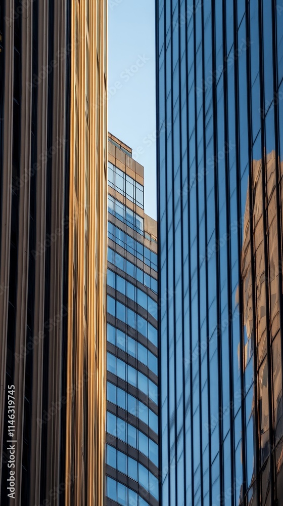 A narrow urban canyon formed by tall building, background, office, business, tower reflecting light, background, elegant. A narrow urban canyon formed by tall building, background, office, business, tower reflecting light, background, elegant.