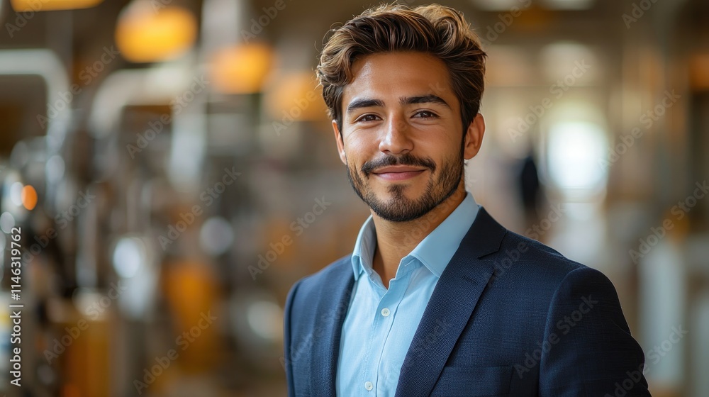 Handsome Mexican man stands confidently in a sleek factory, smartphone in hand, surrounded by cutting-edge technology Handsome Mexican man stands confidently in a sleek factory, smartphone in hand, surrounded by cutting-edge technology