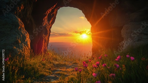 Sunrise casts golden light over the empty tomb, revealing a shroud draped inside and a crucifix nearby, symbolizing resurrection