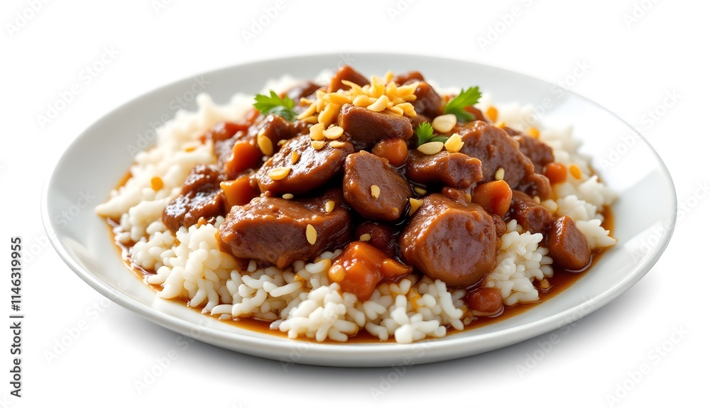 ide Angle of Tender Rendang Served with Fluffy Rice ide Angle of Tender Rendang Served with Fluffy Rice
