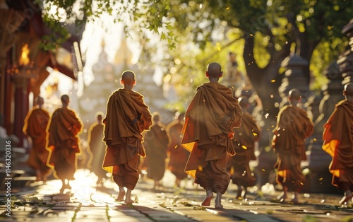 A group of monks walk in a procession in front of a temple during a golden hour sunrise.