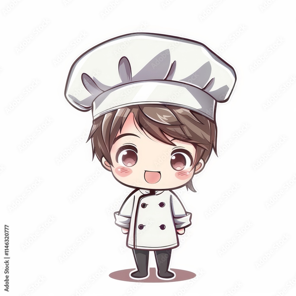 A cute cartoon chef with brown hair, wearing a white chef hat and uniform, standing with a smile. A cute cartoon chef with brown hair, wearing a white chef hat and uniform, standing with a smile.