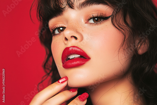 Portrait of young brunette woman with makeup, red lips on red background. Beauty, cosmetics concept