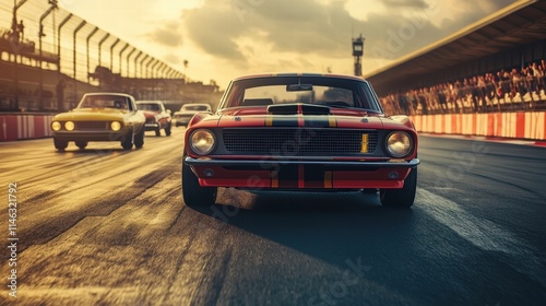 classic muscle cars racing at sunset