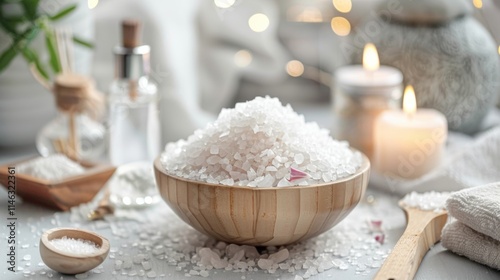 Relaxing spa concept with salt, candles, and flowers