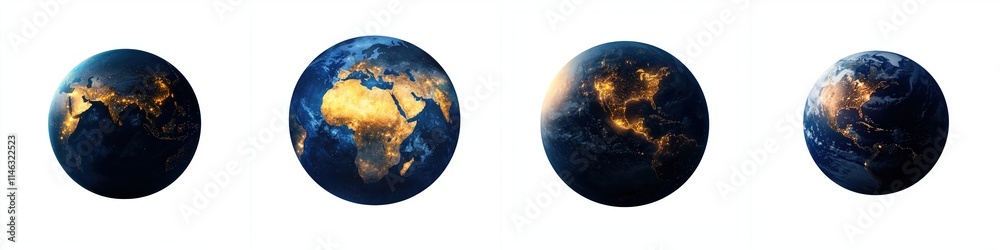 Fototapeta premium nighttime satellite images darkness concept. A series of Earth images showcasing illuminated continents, emphasizing the planet's beauty and global connectivity at night.