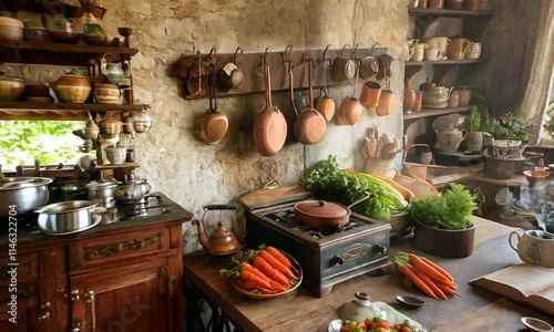 Wallpaper Mural Victorian-Era Kitchen with Copper Pots and Warm Nostalgic Charm. a book on table Torontodigital.ca