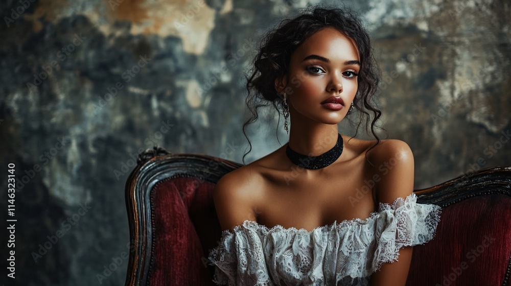 Fototapeta premium Elegant model posing on vintage sofa in studio setting with grunge background