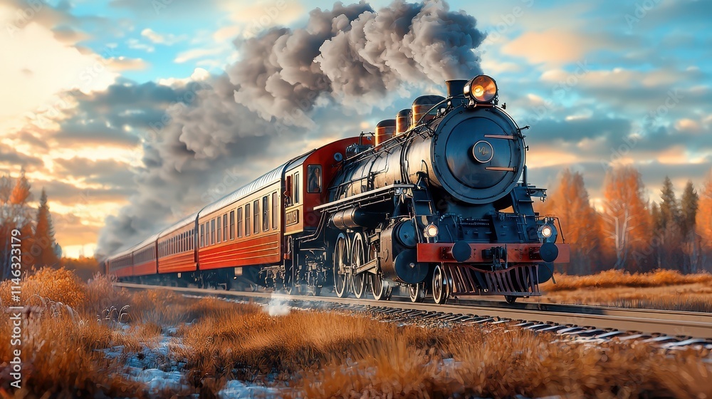 Obraz premium Vintage Steam Locomotive Pulling Red Passenger Car on Scenic Rails at Sunset