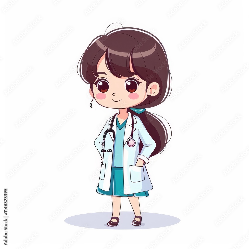 Cute cartoon doctor girl with stethoscope and white coat. Cute cartoon doctor girl with stethoscope and white coat.