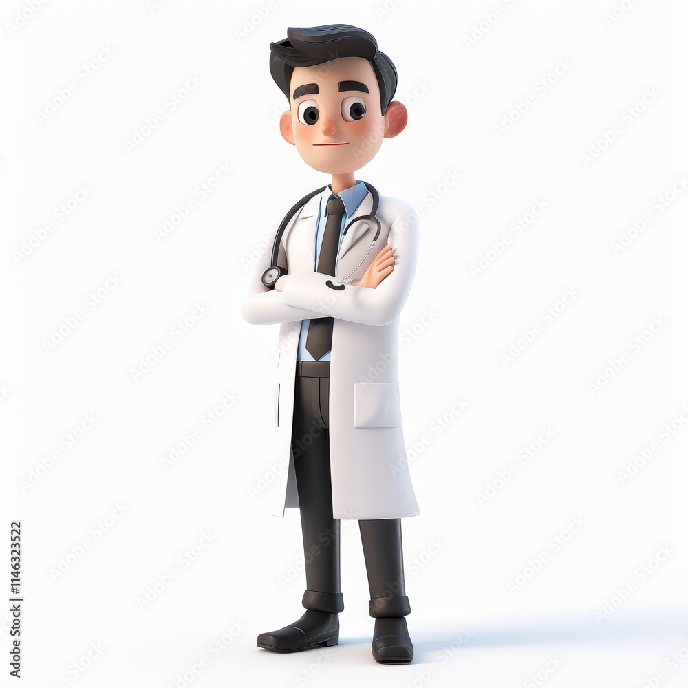 Cartoon doctor in white coat with stethoscope standing with arms crossed. Cartoon doctor in white coat with stethoscope standing with arms crossed.
