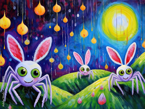 Whimsical rabbits with large eyes and long ears play in a vibrant landscape under a bright sun