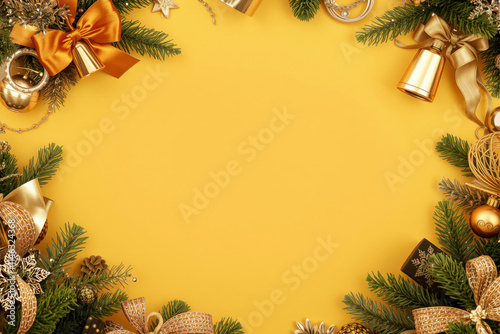 Festive Christmas background with gold decorations and green pine branches on vibrant yellow backdrop, creating joyful holiday atmosphere