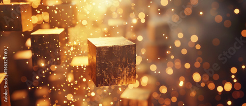 Abstract Golden Cubes Suspended in Warm Bokeh Lights with a Futuristic 3D Design