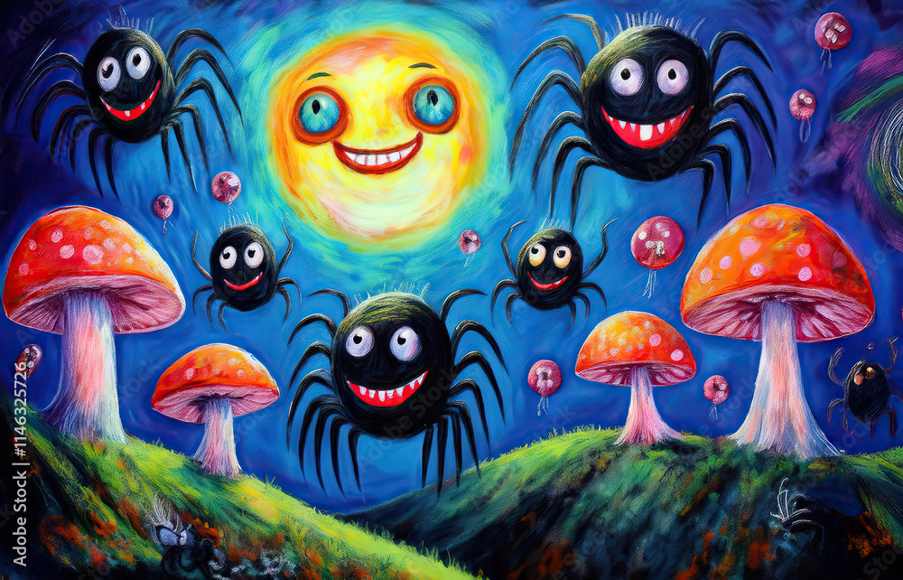 Fototapeta premium Colorful childish drawing featuring playful spiders and a smiling sun