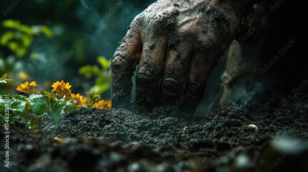 A close-up of a hand planting in soil, surrounded by flowers, emphasizing gardening and nature. A close-up of a hand planting in soil, surrounded by flowers, emphasizing gardening and nature.