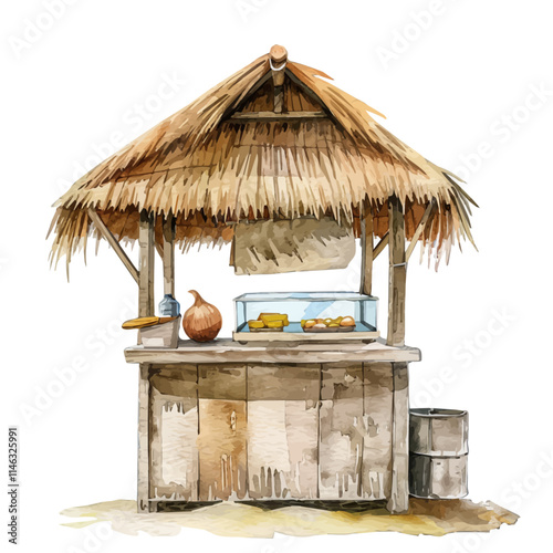 A watercolor illustration of a beachside coconut stand, isolated on a white background. Coconut stand vector.
