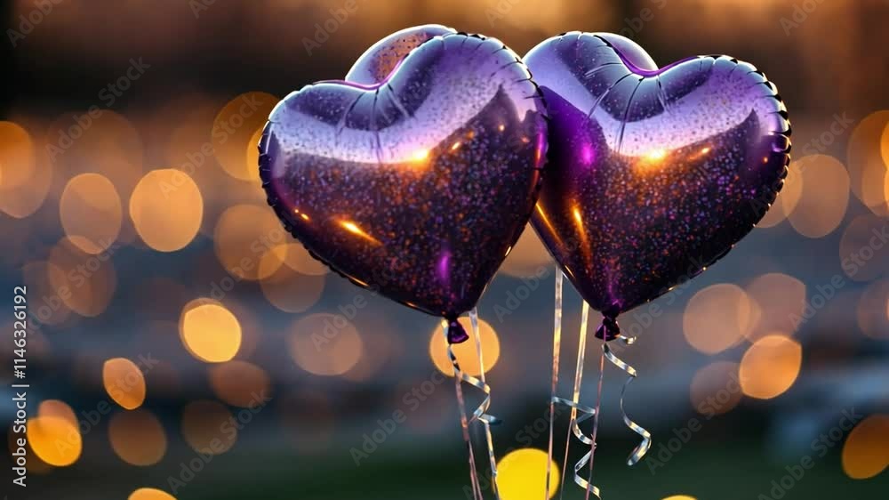 Heart-shaped balloons glimmer against a backdrop of soft bokeh lights in a celebratory setting