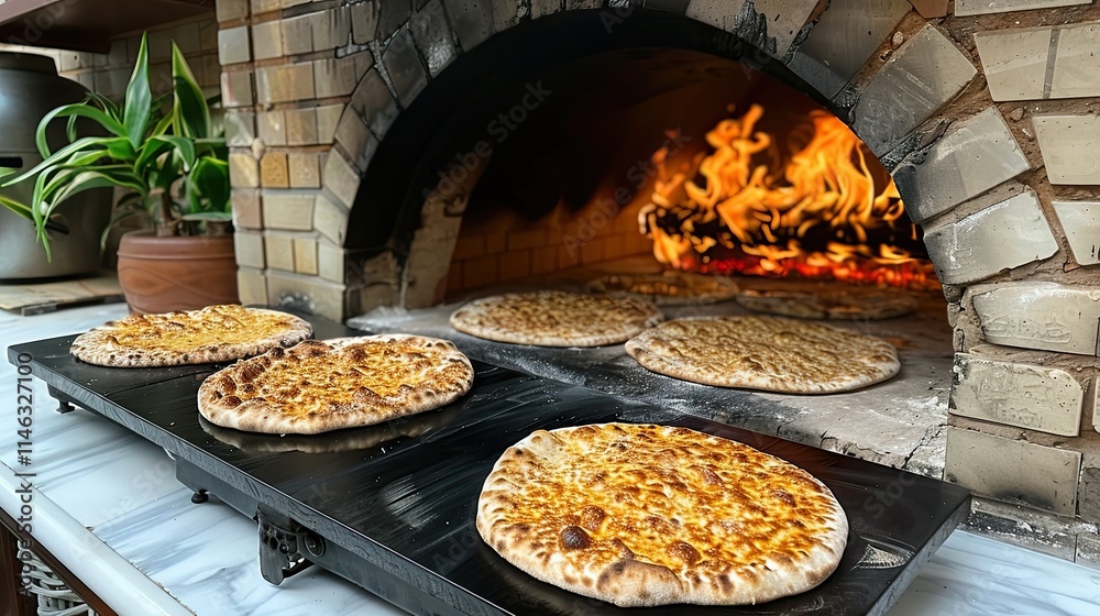 Freshly baked pizzas in a traditional oven with flames visible in the background. Freshly baked pizzas in a traditional oven with flames visible in the background.