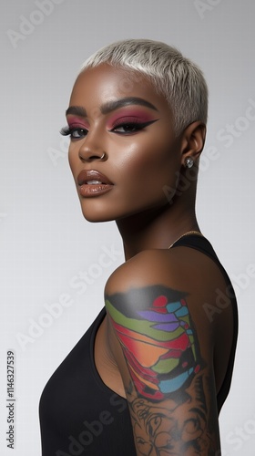 Fashion model portrait in urban setting with colorful tattoos