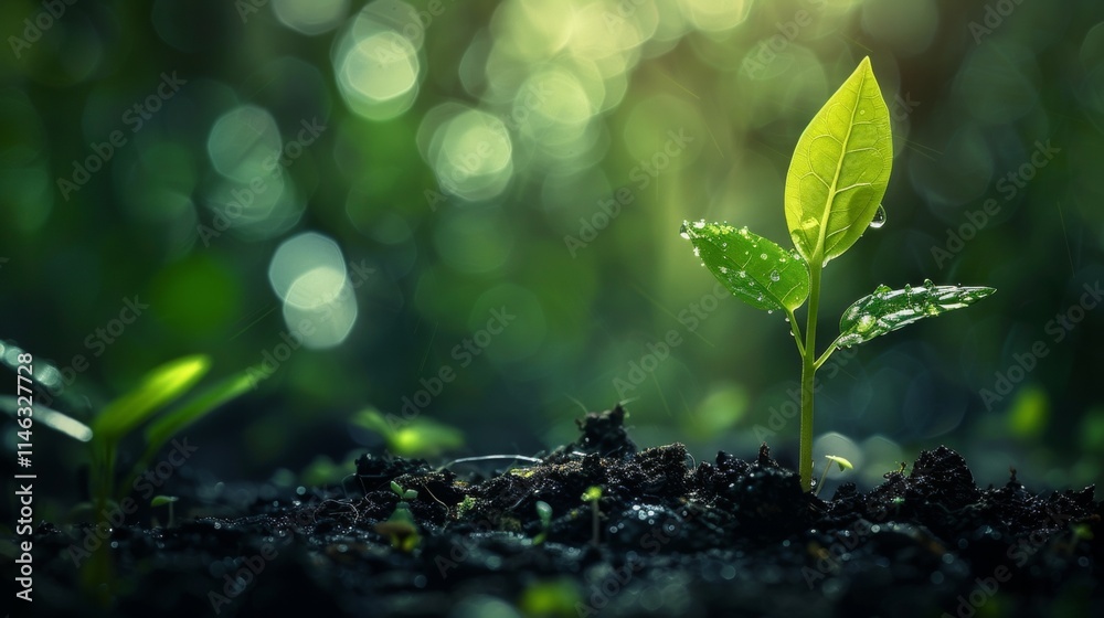 Young green plant sprouting in dark soil with sunlight