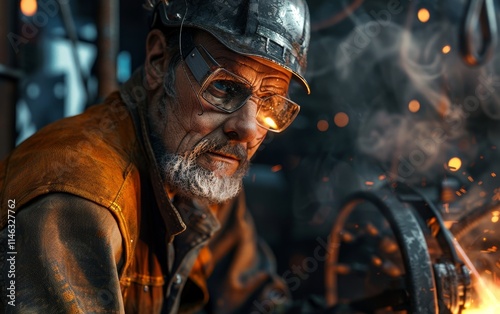 A senior blacksmith in a workshop wearing a protective helmet and goggles, working with a hot metal.