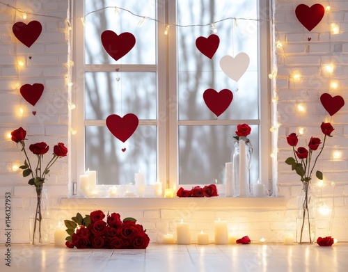 Romantic Valentine's Day window scene with roses and hearts. photo