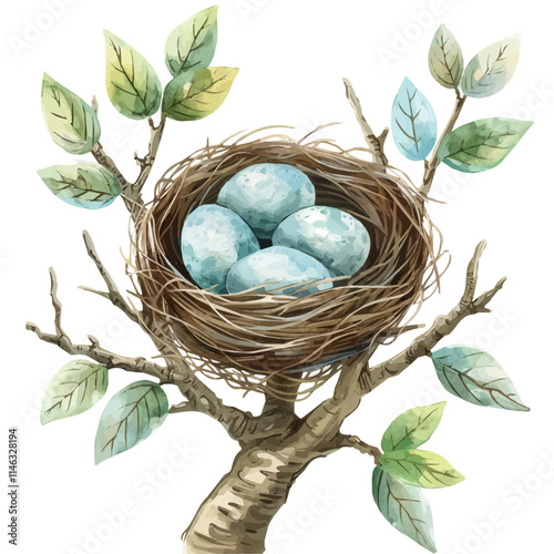 A watercolor illustration of a birds nest with eggs on a tree, isolated on a white background. Bird nest vector.
