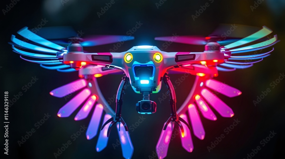 Obraz premium Bioluminescent drone with neon feather wings and robotic legs hovering