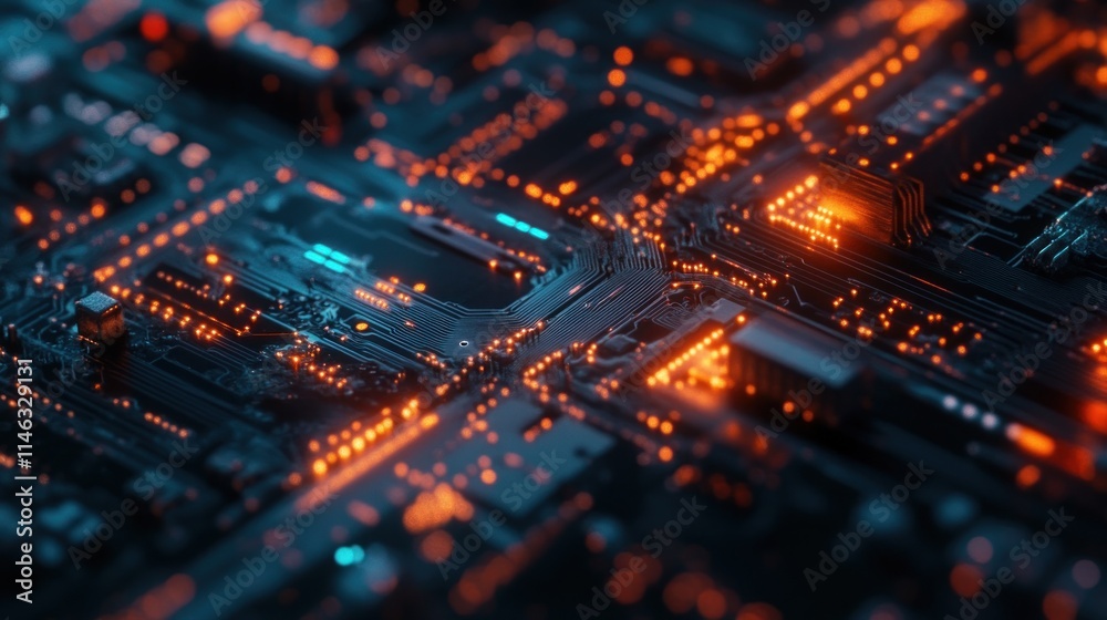 A close-up view of a digital circuit board illuminated by glowing orange lights. A close-up view of a digital circuit board illuminated by glowing orange lights.