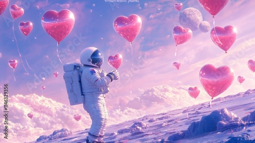 An astronaut stands on a celestial surface surrounded by floating heart-shaped balloons. The colorful sky features soft clouds and distant moons, creating a whimsical and peaceful atmosphere. photo