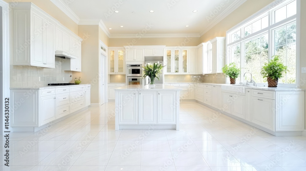 Bright white kitchen with island, cabinets, and large window. Bright white kitchen with island, cabinets, and large window.