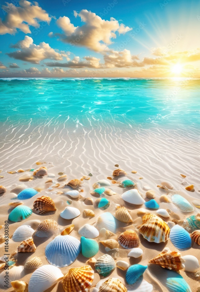 vibrant beach landscape featuring colorful golden crystal clear turquoise water under bright blue sky, coastline, ocean, waves, sand, horizon, sunlight
