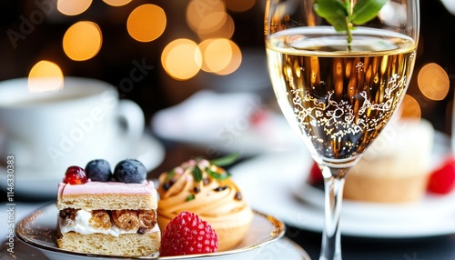 A beautifully arranged dessert platter featuring pastries and a sparkling drink, set against a blurred, warm background of lights.