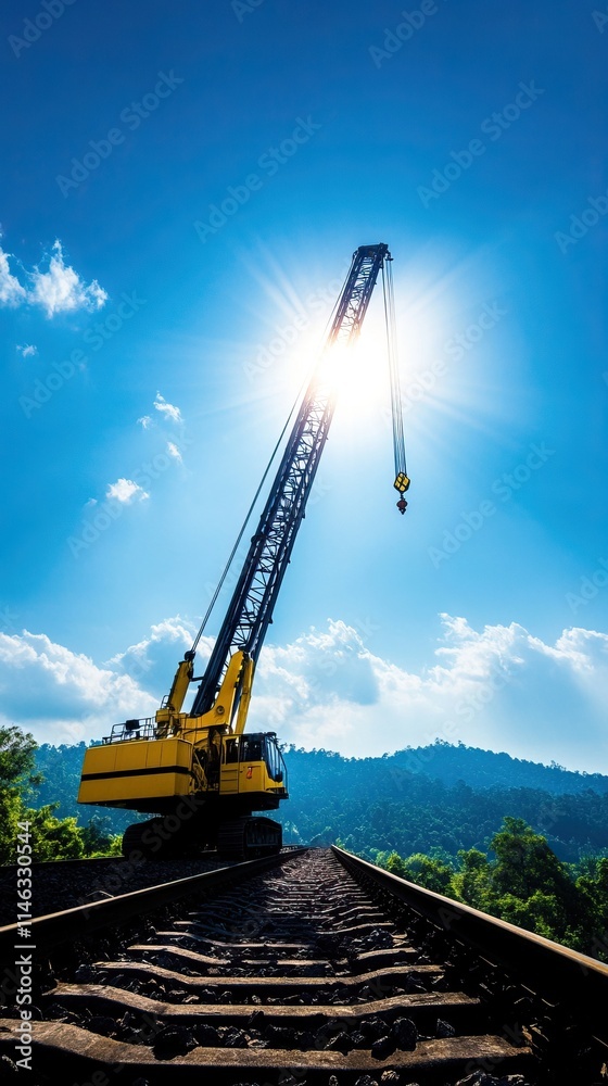 A yellow crane is positioned on railway tracks under a bright blue sky, with the sun shining brightly behind it, surrounded by green hills. A yellow crane is positioned on railway tracks under a bright blue sky, with the sun shining brightly behind it, surrounded by green hills.