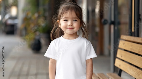 Adorable toddler girl in a white shirt smiles outdoors.